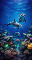 Obraz premium Majestic dolphins sea turtles swimming coral reefs