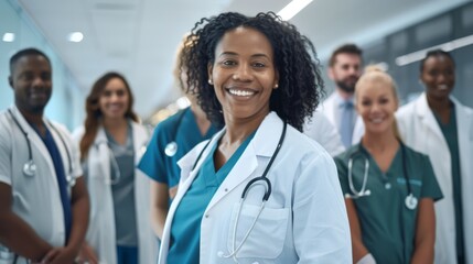 A confident female doctor in a lab coat stands proudly with her diverse medical team in the background, embodying leadership and care in a clinical setting.