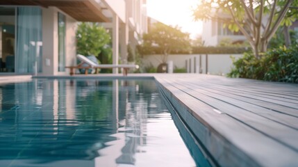 Fototapeta premium A modern pool under a gentle sunset glow offers a sleek escape into luxury, where architectural elegance meets tranquil water reflections.