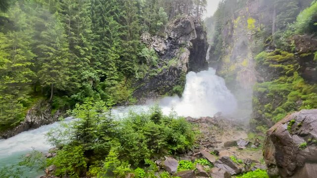 Reinbach falls or Cascate Di Riva in the Rieserferner-Ahrn Nature Park in South Tyrol Italy. The waterfall actually has three waterfalls two 50 metres (160 ft) high and one 10 metres (33 ft) high.