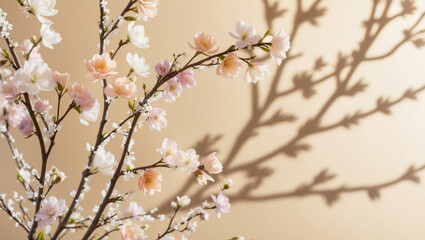 Obraz premium Beautiful cherry blossom branch on beige background with shadows.