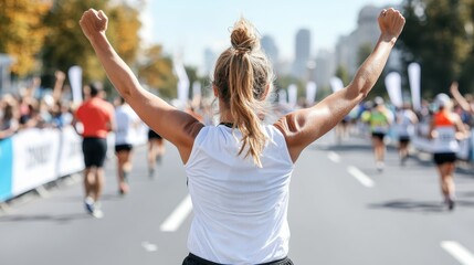 A female runner crosses the finish line, celebrating her victory with arms raised high, surrounded by a cheering crowd and a bright cityscape in the background.