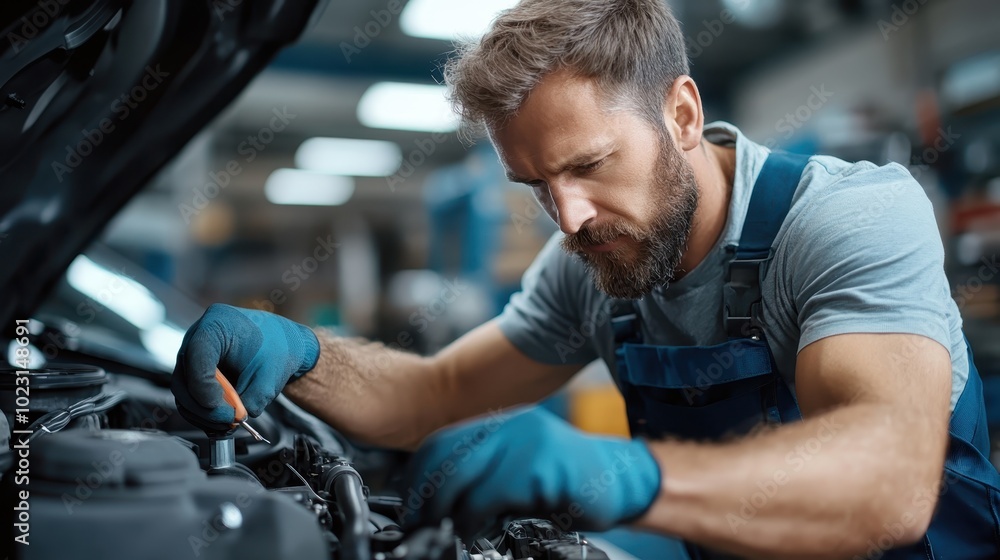 Aufkleber a dedicated mechanic in a workshop examines engine components closely, demonstrating focus on qualit