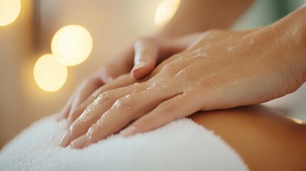 Naklejka premium A massage therapist applies Swedish massage techniques on a client's back, focusing on gentle strokes and using oils, portraying relaxation and therapeutic practice.