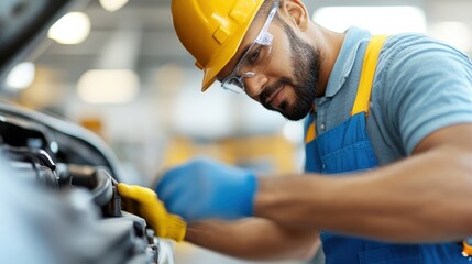 A focused mechanic wearing safety gear and a yellow hard hat, skillfully working on a car engine in a well-lit workshop, emphasizing precision and dedication.