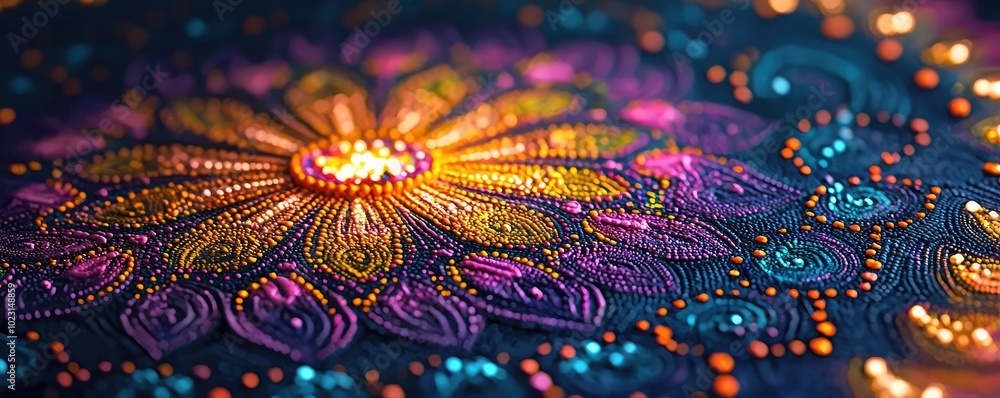 Poster vibrant and intricate mandala design with a radiant floral pattern, showcasing artful details and vi