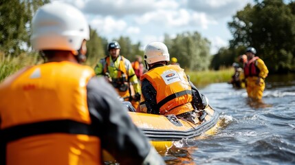 A rescue team, equipped with helmets and life jackets, guides a raft through a river during a training exercise. The image captures teamwork and preparation.