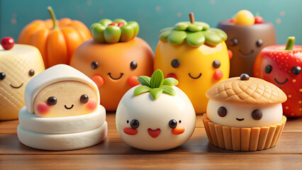 Solid minimalist kawaii food characters with smiling faces background