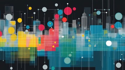 Fototapeta premium Abstract city skyline with colorful geometric shapes and patterns.