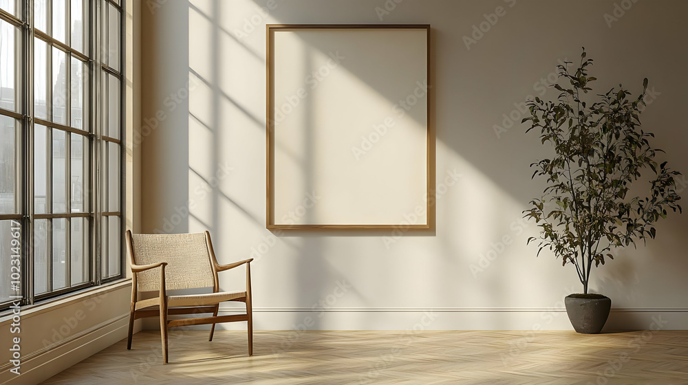 Wall mural Minimalist interior with a chair, empty frame, and potted plant.