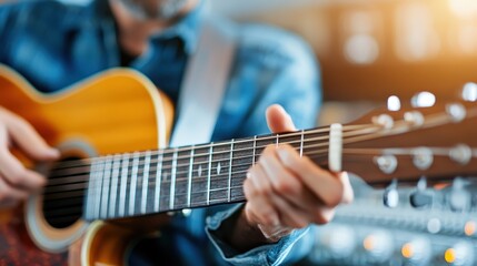 Fototapeta premium A musician fingers an acoustic guitar, crafting a melodic tune with precision and emotion, showcasing the beauty and artistry of live musical performance.