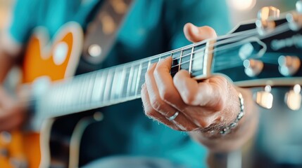 A musician's hand skillfully strums an electric guitar chord, capturing the essence of musical creativity and passion with a stunning close-up of the instrument.