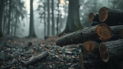 Logs rest amid a misty forest, creating a mystical setting where nature's quietude prevails over human imprints.