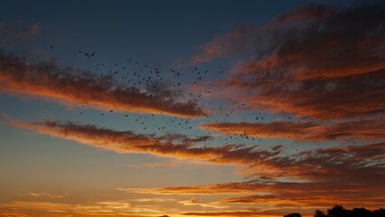 Fototapeta premium Silhouettes of Birds in Flight Across a Vibrant Sunset Sky: Peaceful and Dramatic Evening Scene