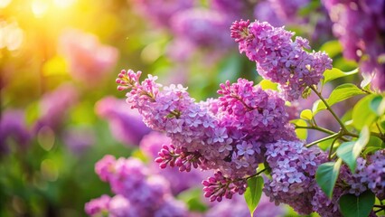 Obraz premium Purple lilac flowers blooming in a garden during spring season, lavender, blossoms, garden, petals, fragrant, blooms