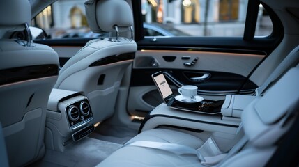 Luxurious car interior with plush seats, ambient lighting, and a cup of coffee on a tray, exuding opulence and comfort.
