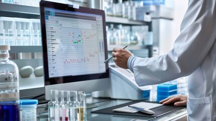A scientist in a lab coat analyzes data on a computer in a bright, advanced laboratory filled with scientific equipment.
