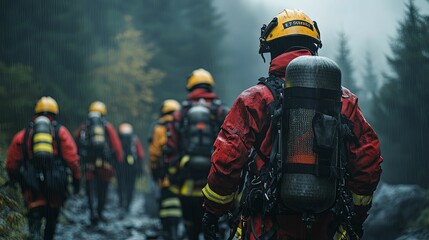 Obraz premium Firefighters in Red Uniforms Walking Through Foggy Forest