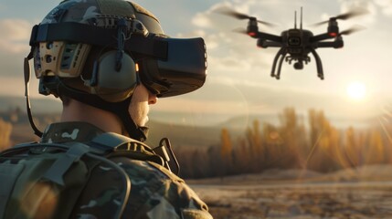 A soldier with a VR headset oversees a drone in the golden glow of sunset, symbolizing a fusion of technology and military.