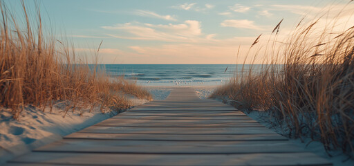 Holzweg zum Strand, Sonnenaufgang in den D&uuml;nen an der Ostsee