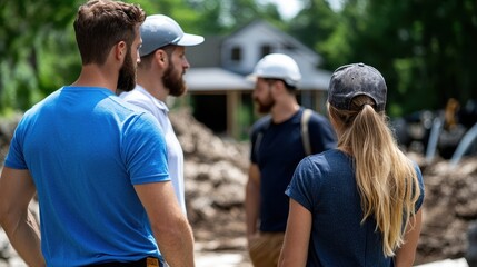 A group gathers casually at a construction site under trees, showcasing teamwork, outdoor working environments, and project discussions in natural surroundings.