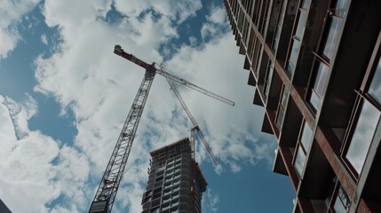 Fototapeta premium A towering skyscraper rises under a blue sky, with cranes soaring amid puffy clouds, symbolizing growth and urban progress.