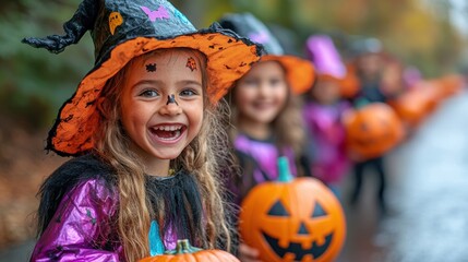 A group of young children enjoying Halloween festivities outdoors, dressed in colorful costumes, with painted faces and holding carved pumpkins while smiling