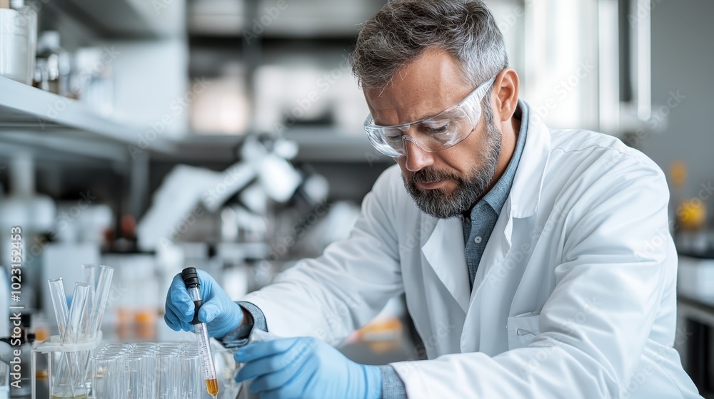 Poster a serious scientist in lab coat and goggles carefully uses a pipette with precision in testing, high