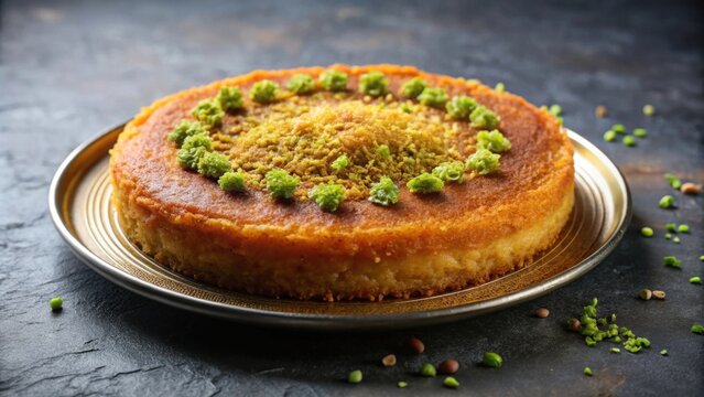 Delicious golden-brown Kunafa dessert with pistachio on a plain background, Kunafa, dessert, Arabic, Turkish, traditional