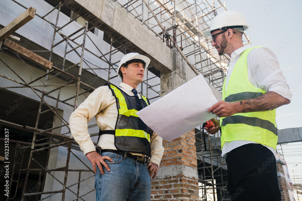 Poster contractor and engineer architect working together planning using blueprint design structure constru