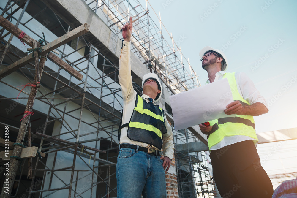 Poster contractor and engineer architect working together planning using blueprint design structure constru