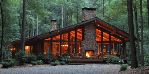 Cozy rustic cabin nestled in dense forest with stone chimneys and warm interior lighting creating a welcoming atmosphere among tall trees and natural surroundings
