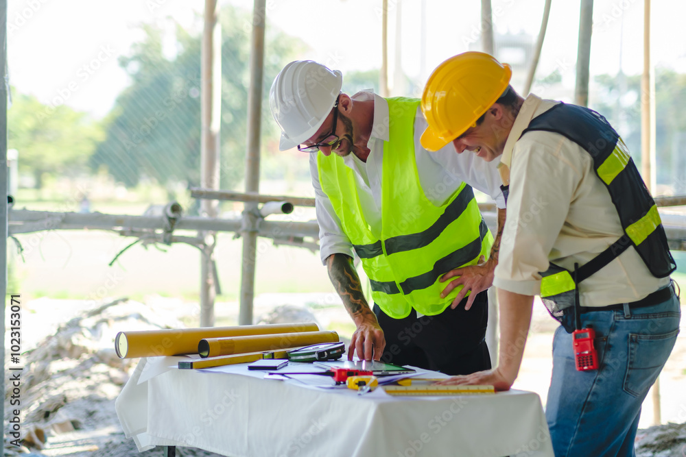 Poster contractor and engineer architect working together planning using blueprint design structure constru
