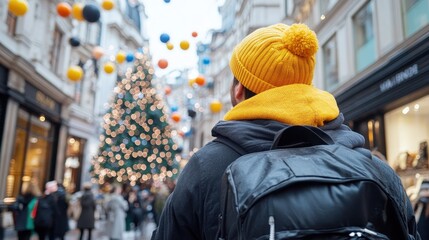 Obraz premium A bustling winter city street scene with Christmas lights and festive decorations featuring a person in a yellow hat and dark backpack enjoying the holiday atmosphere.