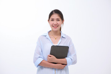 Fototapeta premium Beautiful Asian woman using tablet portable device computer technology, feeling happy smiling formal wear, internet connectivity and digital creative design tool. With white blank background.