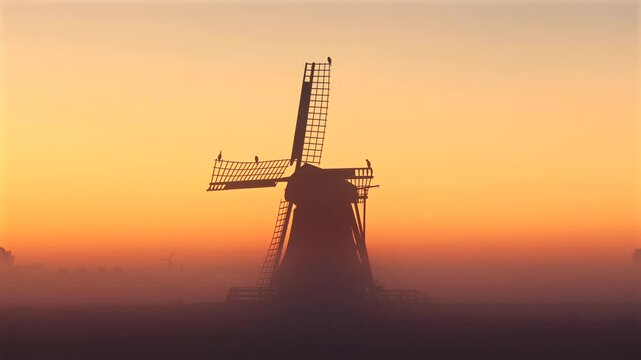 High quality 4K film of traditional Dutch wind mill, windmill and wind turbine at orange dawn sunrise in fog mist