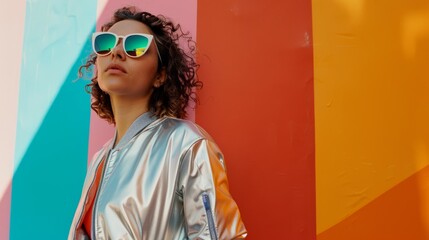A stylish figure in reflective sunglasses and a shiny jacket radiates confidence against a bright, multicolored wall, embracing a lively, spirited vibe.