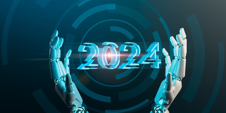 AI robotic hand holding 2024 new year, artificial intelligence digital cyber space technology concept, innovation development futuristic interweb tech, 3D robot hand illustration blue background