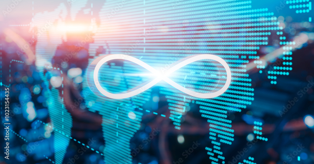 Poster infinity symbol connection dots data technology, world unlimited data usage storage information clou