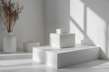 Minimalist White Interior with Geometric Shapes and Natural Elements