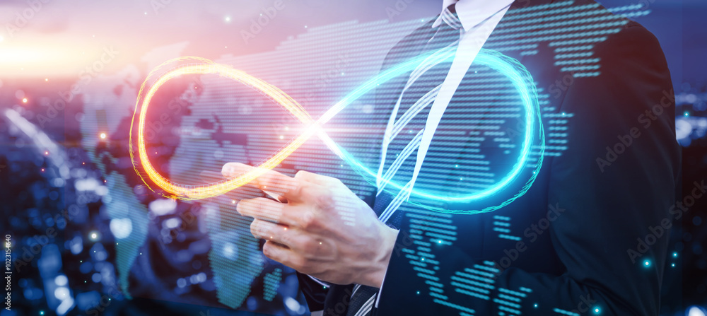 Poster businessman using mobile phone with infinity symbol connecting unlimited internet data usage 5g worl