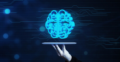 Businesswoman using tablet analyzing data for business growth increasing development and improvement with ideas innovation planning strategy, futuristic brain hologram blue background