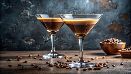 Two servings of espresso coffee cocktails in tall martini glasses with coffee beans decoration, espresso, coffee, cocktail