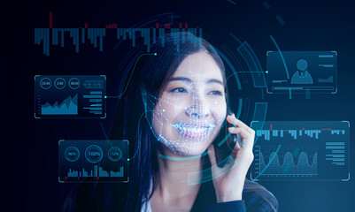 Futuristic face id detection recognition technology, security access and individual personal concept. Asian businesswoman using mobile phone getting face scanned for granted access and identification.