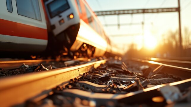 A train accident during sunset results in derailed train cars and scattered debris on the tracks, framed by a dramatic sunset, emphasizing chaos and loss.