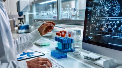 A scientist examines data visualizations on a screen, surrounded by vials and test tubes in a sleek, modern research laboratory.