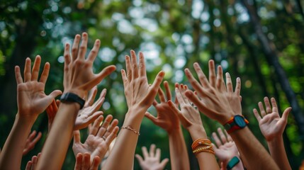 A group of enthusiastic volunteers is raising their hands in celebration at a community service event held in a vibrant forest setting
