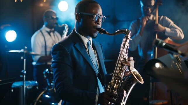 A musician in a suit plays the saxophone alongside a jazz band in a cozy, vibrant club, creating a lively musical experience.