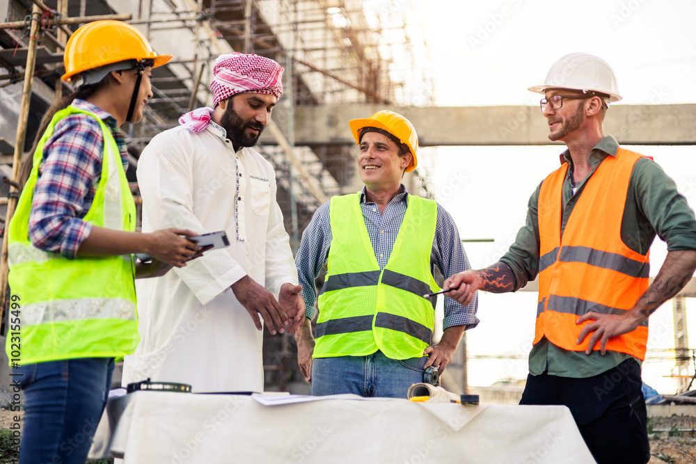 Poster architect engineer technician construction worker all working together as a team, working communicat