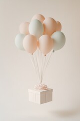 Pastel balloons tied to gift box on soft beige backdrop.